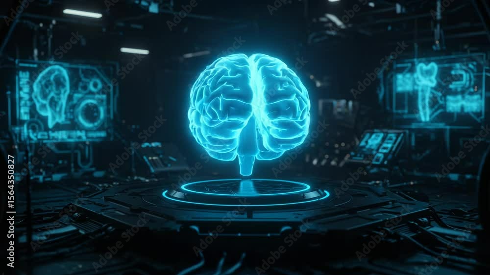 Poster a holographic brain glows in a futuristic lab, symbolizing artificial intelligence and advanced tech