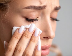 Close-up of woman gently removing makeup with white cotton pad showing skincare routine and beauty care