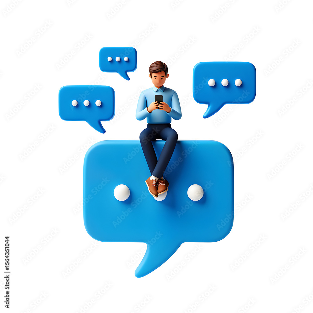Poster cartoon man sitting on large blue speech bubble using smartphone surrounded by smaller speech bubble