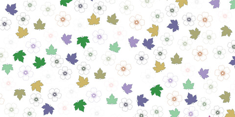 Seamless pastel pattern of hand-drawn flowers and maple leaves in various colors. 
