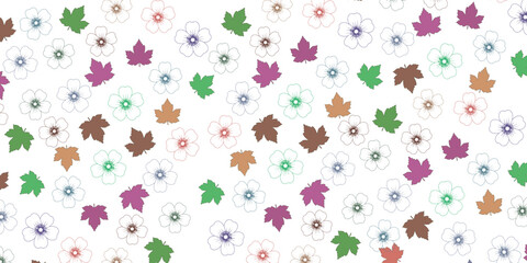 Seamless pastel pattern of hand-drawn flowers and maple leaves in various colors. 