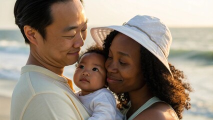 Asian Father and Black African American Mother Holding Baby at Beach Highlighting Multiracial Family Love