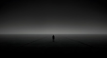 A lone silhouette of a person walks on an endless path into a dense, dark fog. A minimalist, monochrome image of solitude, mystery, and a journey ahead.