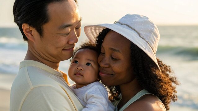 Asian Father and Black African American Mother Holding Baby at Beach Highlighting Multiracial Family Love