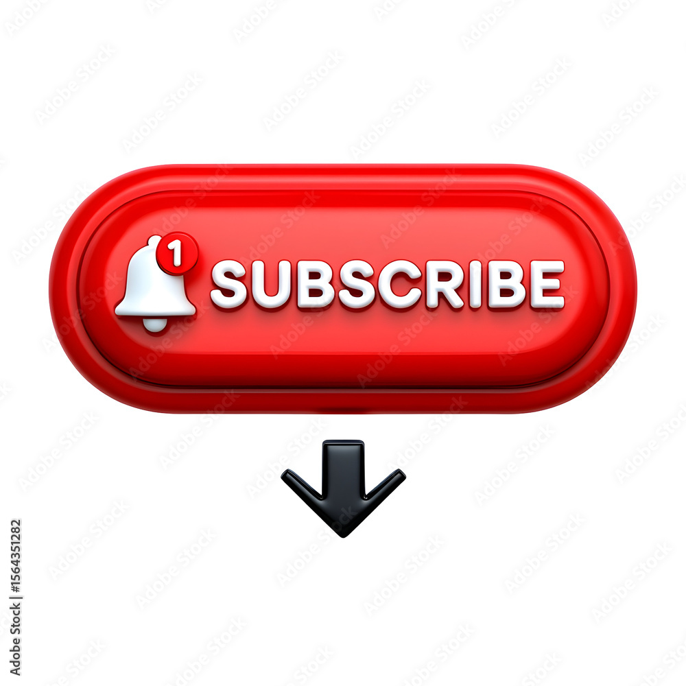Poster red subscribe button with notification bell and down arrow icon isolated on a transparent background