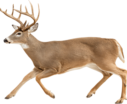 A white-tailed deer (Odocoileus virginianus) prancing transparent PNG isolated from my photo. Asset for design and art projects