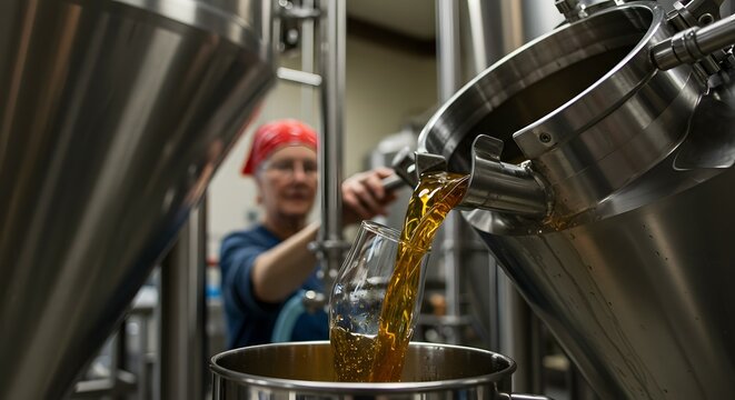 Crafting Excellence Expert Brewmaster Pouring Liquid Gold in Brewery | Artisan Drinks Process | Fine Beverage Manufacturing & Quality Control - Powered by Adobe
