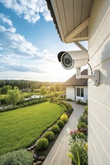 Enhancing Home Security with Outdoor Surveillance Camera Suburban Garden Photography Bright Daylight Close-Up View