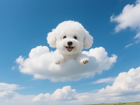 A happy, white Bichon Frise dog floating on top of the clouds in a blue sky. - Powered by Adobe