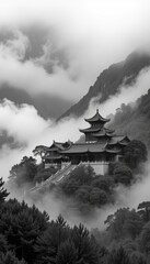 Serene Mountain Temple Surrounded by Mist and Clouds in Monochrome