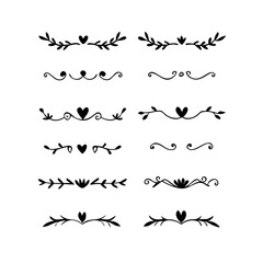 Text dividers doodle set. Wedding decorative elements. Divider ornament, borders, vintage line separators. Hand drawn vector illustration isolated on white background