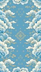 Elegant Blue Floral Pattern with Golden Accents and Soft Clouds