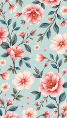 Floral Pattern Design with Pink Blooms on Light Blue Background