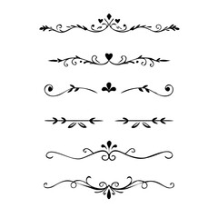 Text dividers doodle set. Wedding decorative elements. Divider ornament, borders, vintage line separators. Hand drawn vector illustration isolated on white background