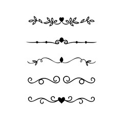 Text dividers doodle set. Wedding decorative elements. Divider ornament, borders, vintage line separators. Hand drawn vector illustration isolated on white background