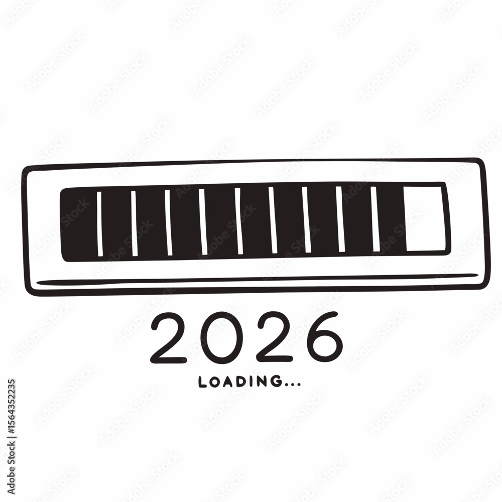 Poster a loading bar shows progress towards the year 2026, isolated on white background