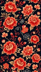 Vibrant Floral Pattern with Red Flowers on Dark Background Design