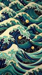 Vibrant Ocean Waves with Intricate Patterns and Celestial Elements
