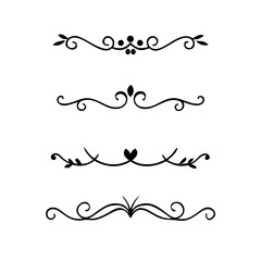 Text dividers doodle set. Wedding decorative elements. Divider ornament, borders, vintage line separators. Hand drawn vector illustration isolated on white background
