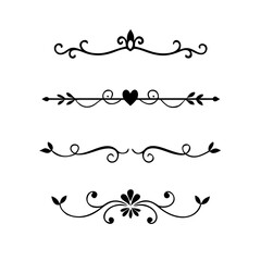 Text dividers doodle set. Wedding decorative elements. Divider ornament, borders, vintage line separators. Hand drawn vector illustration isolated on white background