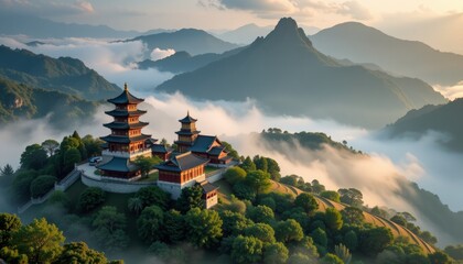 Serene Mountain Landscape with Traditional Pagoda and Misty Hills