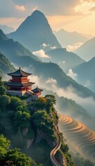 Serene Mountain Temple Amidst Lush Greenery and Dramatic Landscape