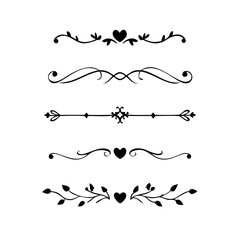Text dividers doodle set. Wedding decorative elements. Divider ornament, borders, vintage line separators. Hand drawn vector illustration isolated on white background