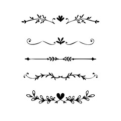 Text dividers doodle set. Wedding decorative elements. Divider ornament, borders, vintage line separators. Hand drawn vector illustration isolated on white background