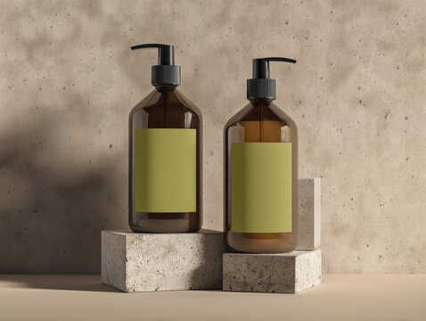 Mockup bottle amber glass pump black two product cosmetic skincare presentation. Simple natural earthy clean modern packaging display on stone block. Studio shot