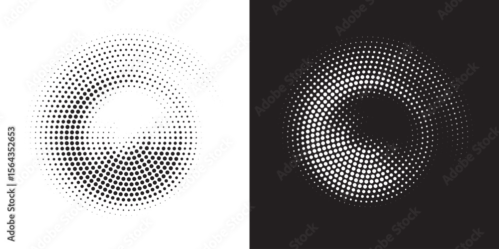 Poster Halftone circle frame dotted background set. Round border Icon using halftone random circle dots raster texture. Grunge circular stain. Vector illustration.