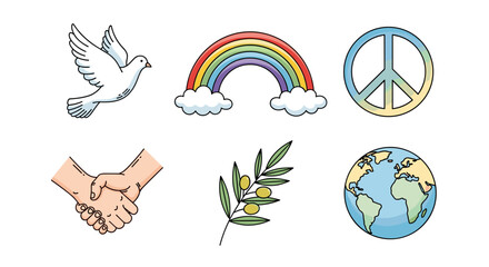 Illustration showing dove, rainbow, peace sign, handshake, olive branch, and earth globe symbols