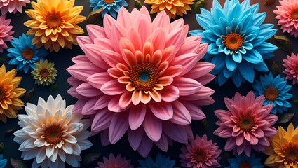 Obraz premium Close Up of Colorful Stylized Flowers on Dark Background
