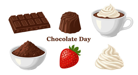Illustration featuring chocolate bar truffle cocoa powder strawberry whipped cream and chocolate drink mug