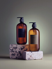 Amber glass bottles with black labels stand elegantly textured stone blocks. clean green background highlights these cosmetic product containers, conveying feeling of wellness and self care