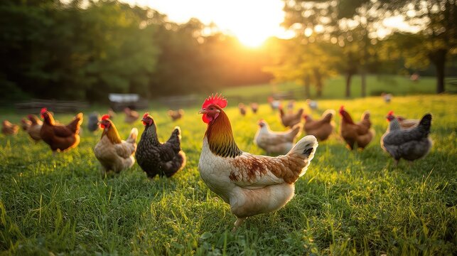 Free-range farming practices with animals roaming open pasture, natural food sources, ethical farm care, chickens goats pigs visible in healthy outdoor environment