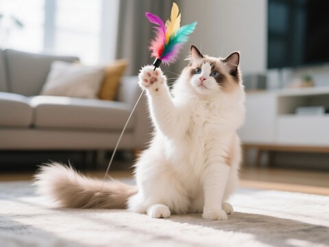 A ragdoll cat playing with a colorful feather toy in a living room, with a white and beige color theme and soft lighting.