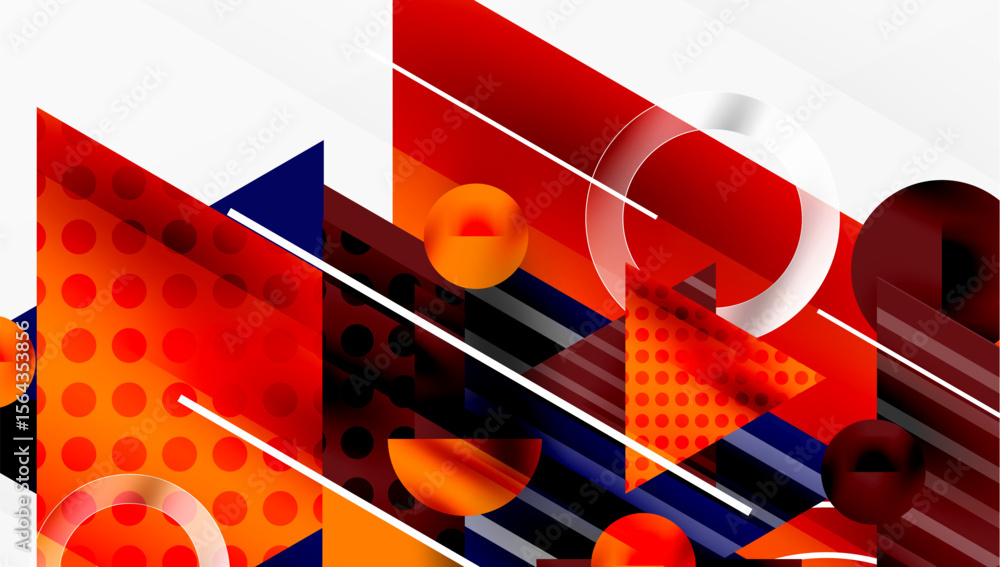 Poster abstract geometric composition. red, orange, navy shapes overlap. lines, circles, triangles create d
