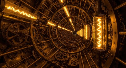 Obraz premium Intricate Mechanical Spiral Tunnel Lit by Warm Bulbs