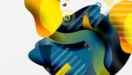 Abstract fluid shapes, vibrant colors, dynamic composition. Modern design elements create energetic visual experience.