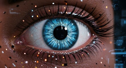 A futuristic macro view of a woman's brilliant blue eye integrated with digital data streams and sparkling glitter, symbolizing technology and human connection.