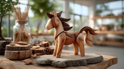Wooden horse figurine on rustic table