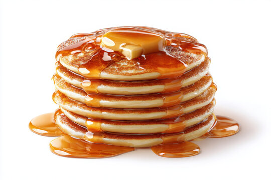 Stack of fluffy pancakes drizzled with syrup and topped with butter, set on a clean white background - Powered by Adobe