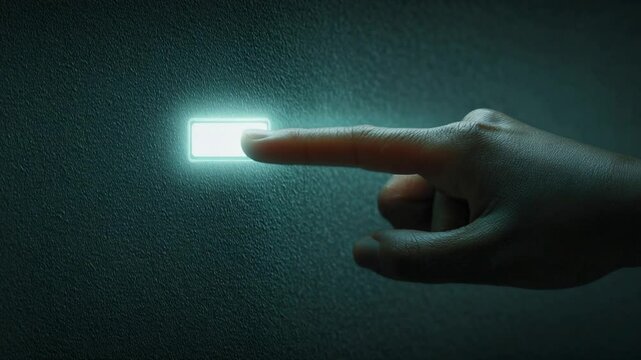 Finger pressing illuminated button interface, technology concept and futuristic background with