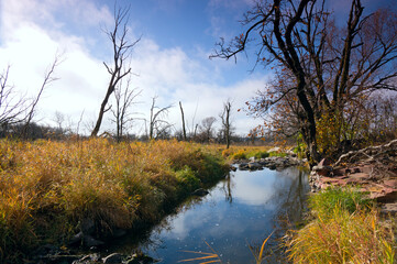 pipestone national monument landscape with prairie and creek in pipestone county