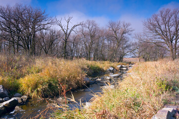 pipestone national monument landscape with prairie and creek in pipestone county