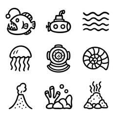 A set of doodle line icons featuring deep sea creatures, underwater exploration, diving equipment, ocean waves, and marine volcanoes