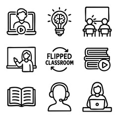 A set of doodle line icons showing flipped classroom concepts, video learning, student collaboration, and hybrid teaching approaches