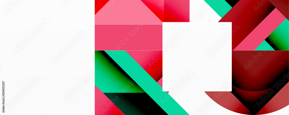 Poster Abstract geometric composition. White, red, green shapes overlap creating dynamic visual effect. Modern design, vibrant colors.