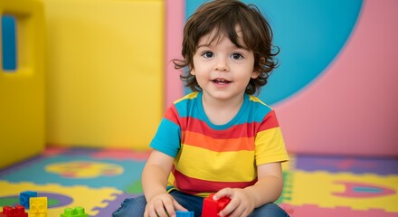 Happy caucasian toddler boy in a colorful shirt sitting on the floor, engaged in creative play with building blocks at a vibrant daycare or kindergarten.