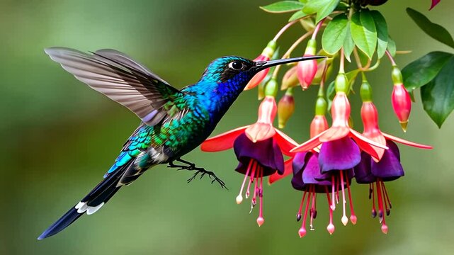 Vibrant hummingbird hovering near colorful fuchsia flowers in a lush garden setting
